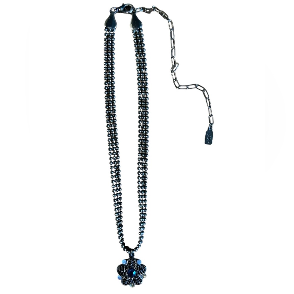 Vintage 1928 Gun Metal Black Choker Necklace with Blue Rhinestone Flower Charm